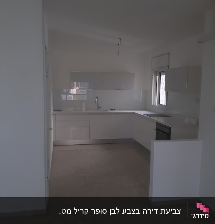 מטבח ריק עם קירות לבנים ותקרה צבועה
